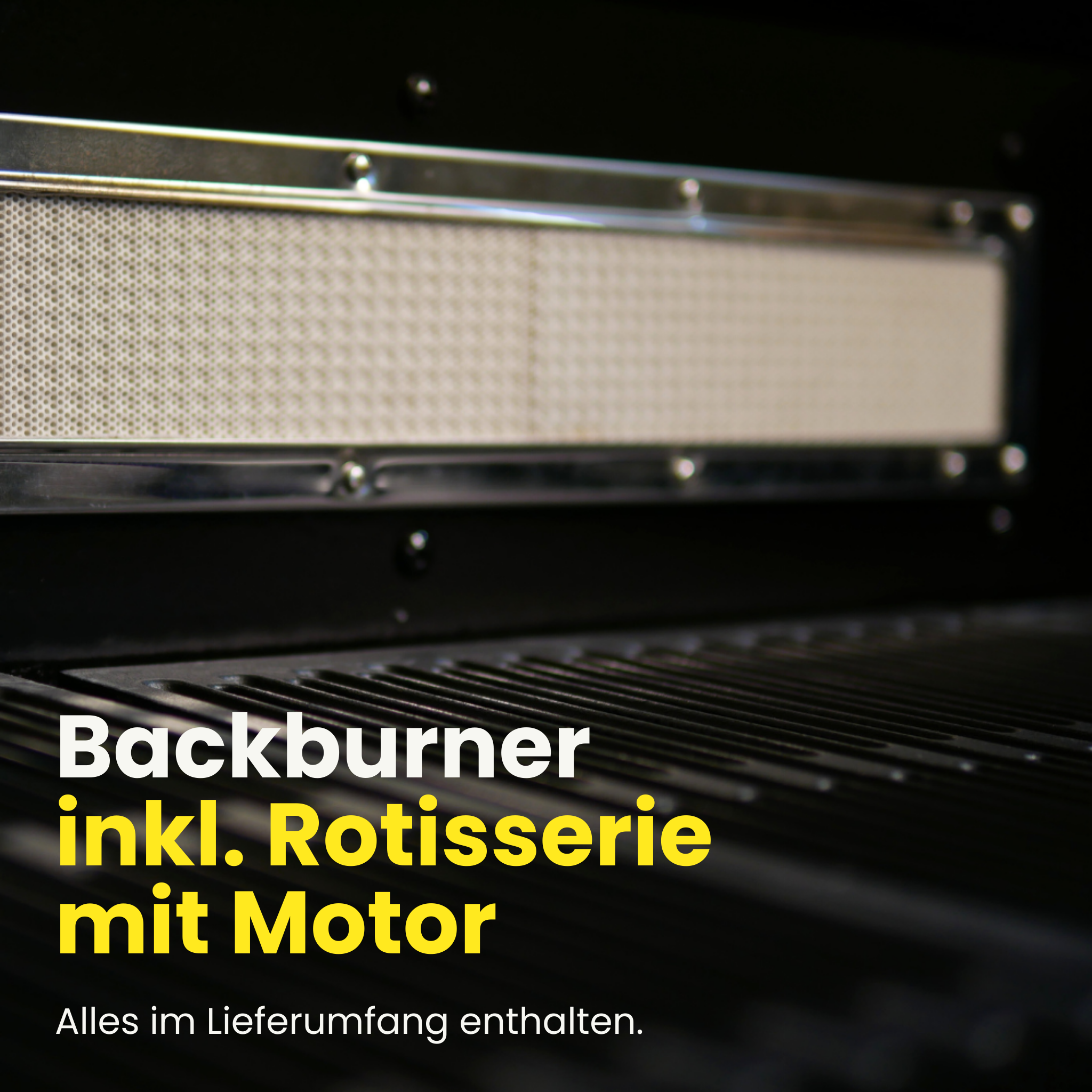 Detailansicht des Backburners mit Rotisserie‑Bereich im Inneren des outta Gasgrills.