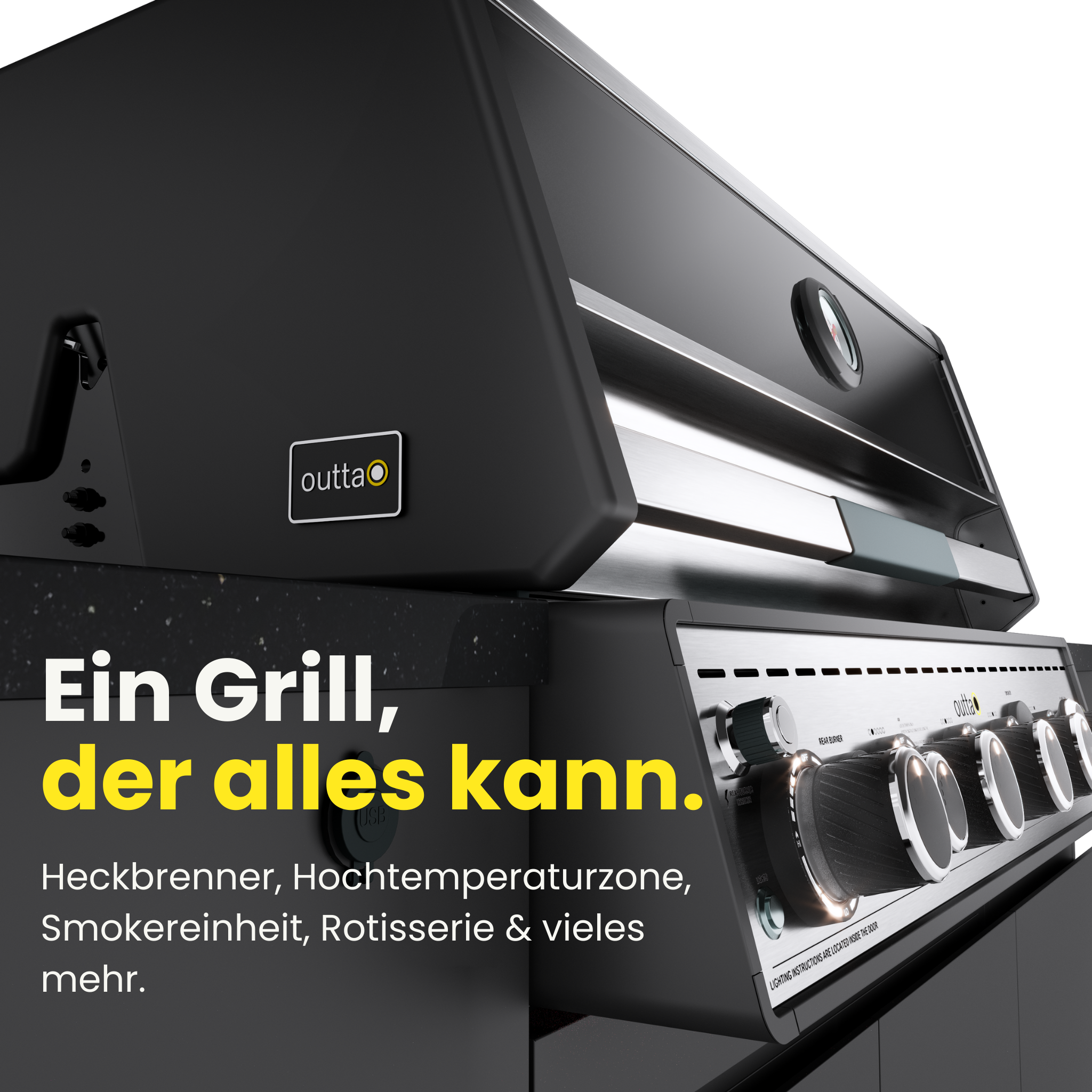 Moderner outta Gasgrill in schwarzem Design, seitliche Perspektive mit geschlossenem Deckel und Text „Ein Grill, der alles kann“ zu den integrierten Premium‑Funktionen.