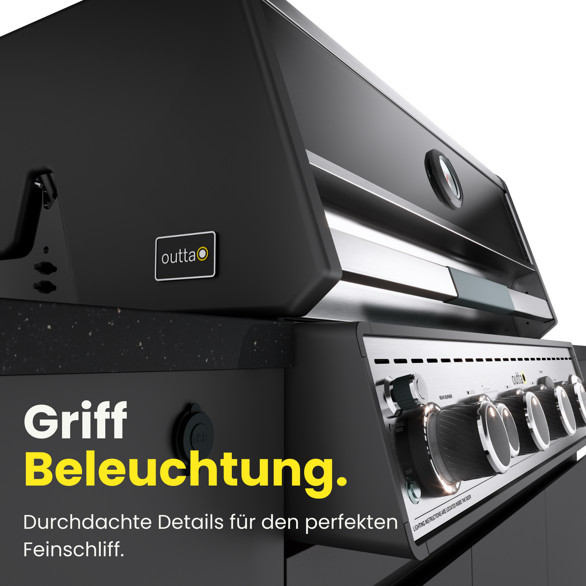 Griffbeleuchtung des outta Gasgrills, seitliche Ansicht des schwarzen Grillmoduls mit beleuchteten Bedienknöpfen und integriertem Licht für den Griff.