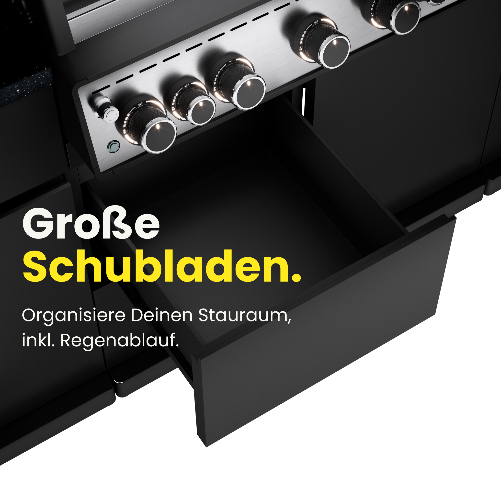 Große schwarze Schublade des outta Unterschranks, geöffnet zur Darstellung des Stauraums.

