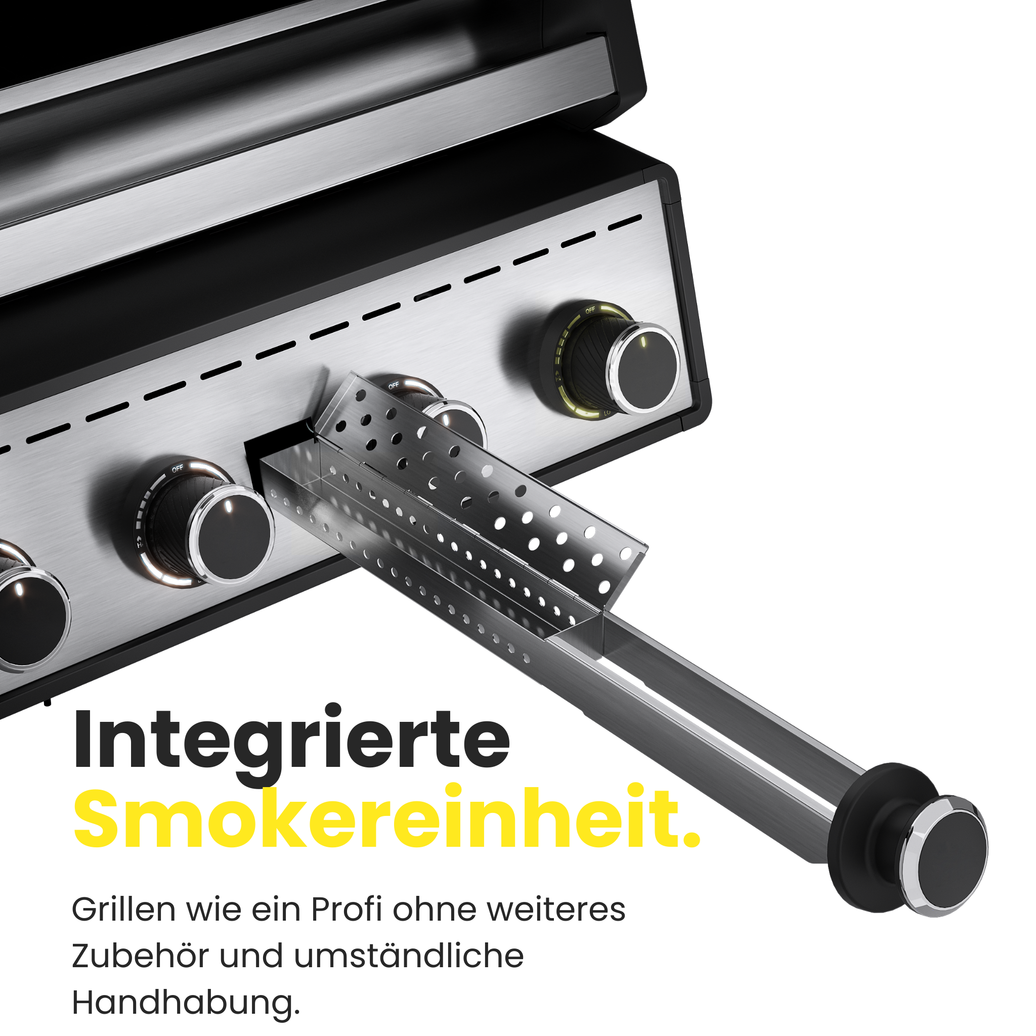 Integrierte Smoker‑Einheit des outta Grills mit ausgezogenem, perforiertem Edelstahlbehälter für Räucherchips.
