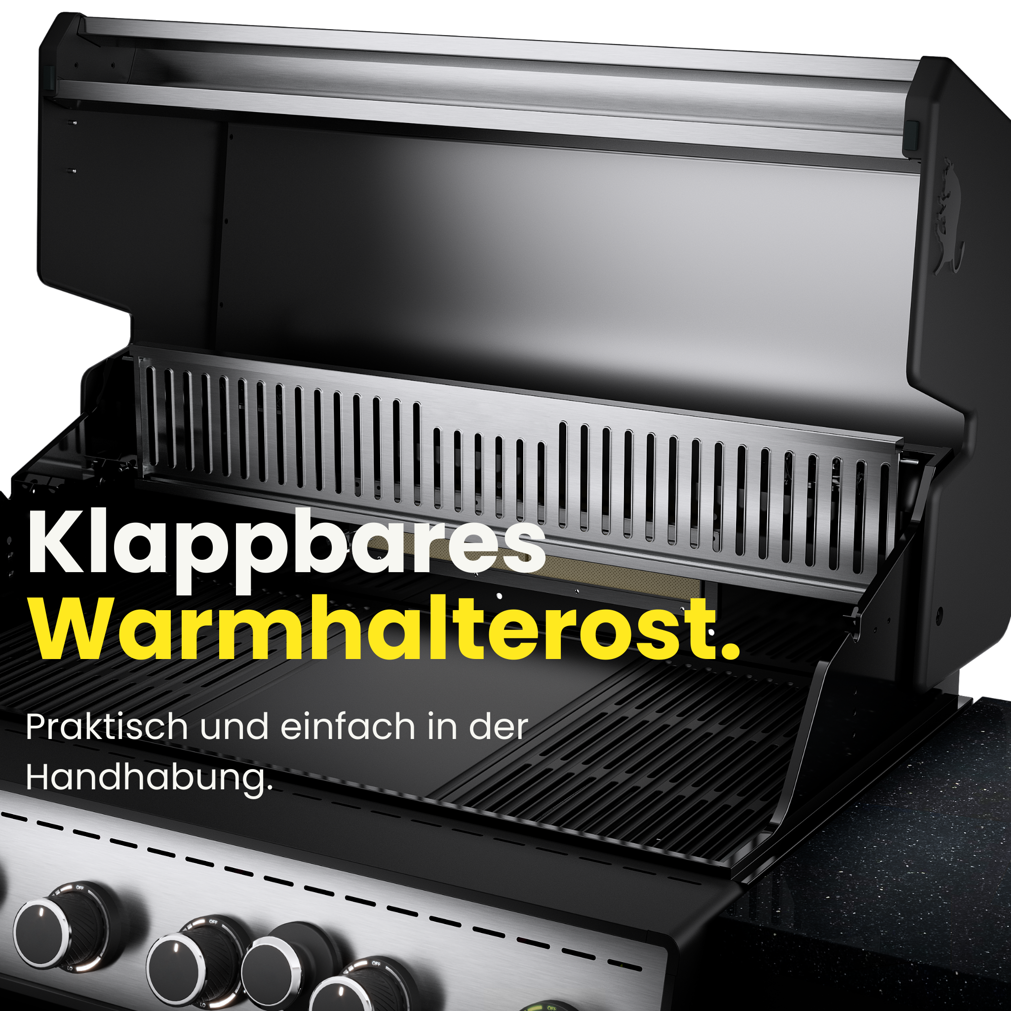 Klappbares Warmhalterost des outta Gasgrills, aufgeklappt über der Grillfläche, für praktisches Warmhalten von Speisen bei einfacher Handhabung.