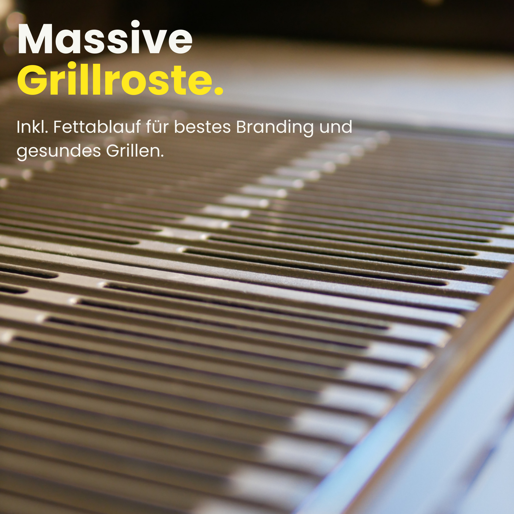 Großaufnahme der massiven Edelstahl‑Grillroste des outta Gasgrills mit integrierten Fettablaufrillen.